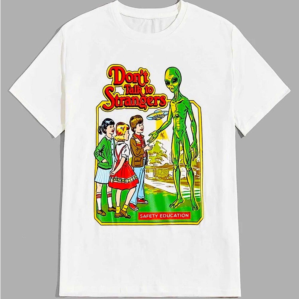 Don’t Talk to Strangers Tee Shirt, Men’s Medium, White